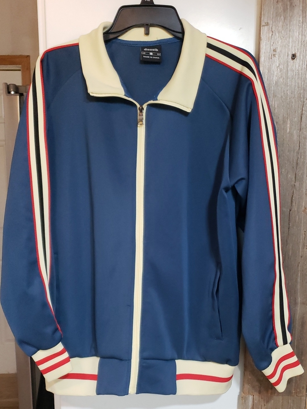 Retro Men Large Full Zip Collar Jacket Blue With Detail Stripes Track Style